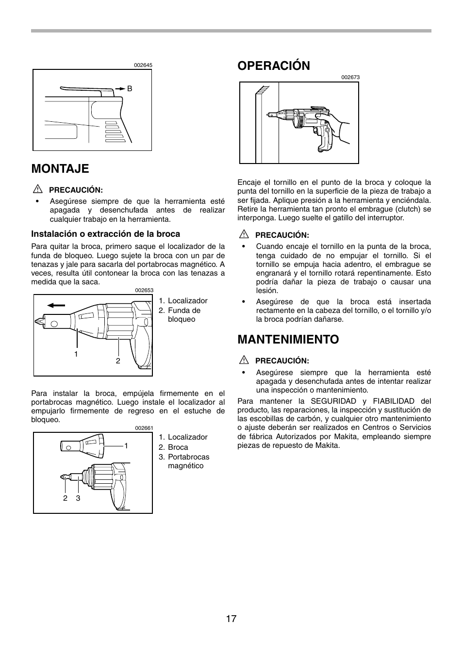 Montaje, Operación, Mantenimiento | Makita 6823 User Manual | Page 17 / 20