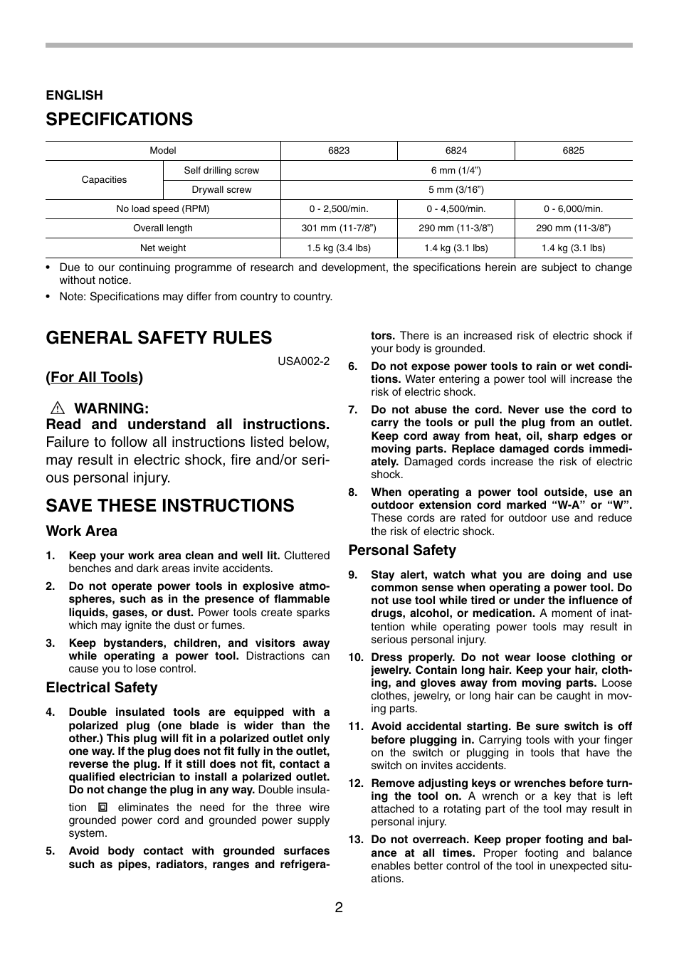 Specifications, General safety rules, Save these instructions | Work area, Electrical safety, Personal safety | Makita 6823 User Manual | Page 2 / 20