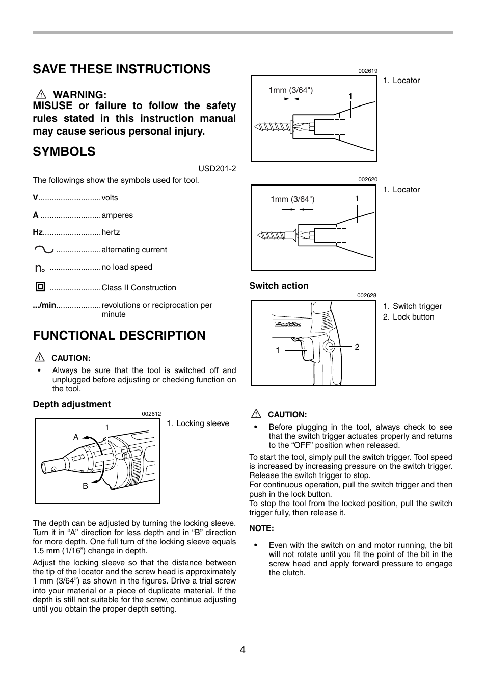 Save these instructions, Symbols, Functional description | Makita 6823 User Manual | Page 4 / 20