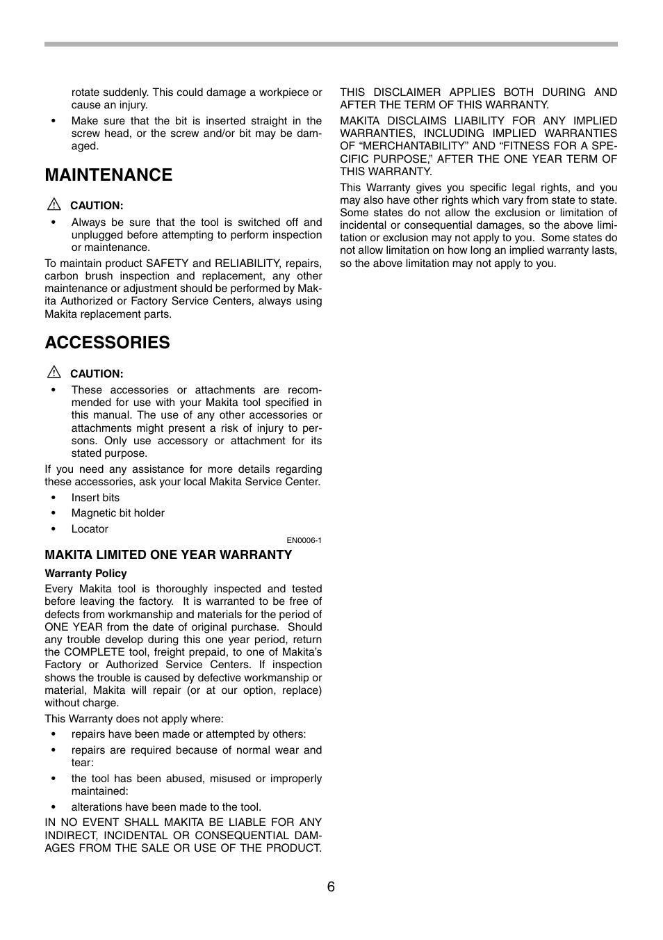 Maintenance, Accessories | Makita 6823 User Manual | Page 6 / 20