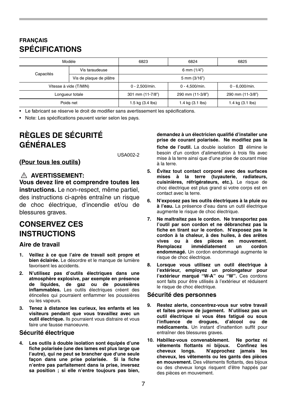 Spécifications, Règles de sécurité générales, Conservez ces instructions | Pour tous les outils, Aire de travail, Sécurité électrique, Sécurité des personnes | Makita 6823 User Manual | Page 7 / 20