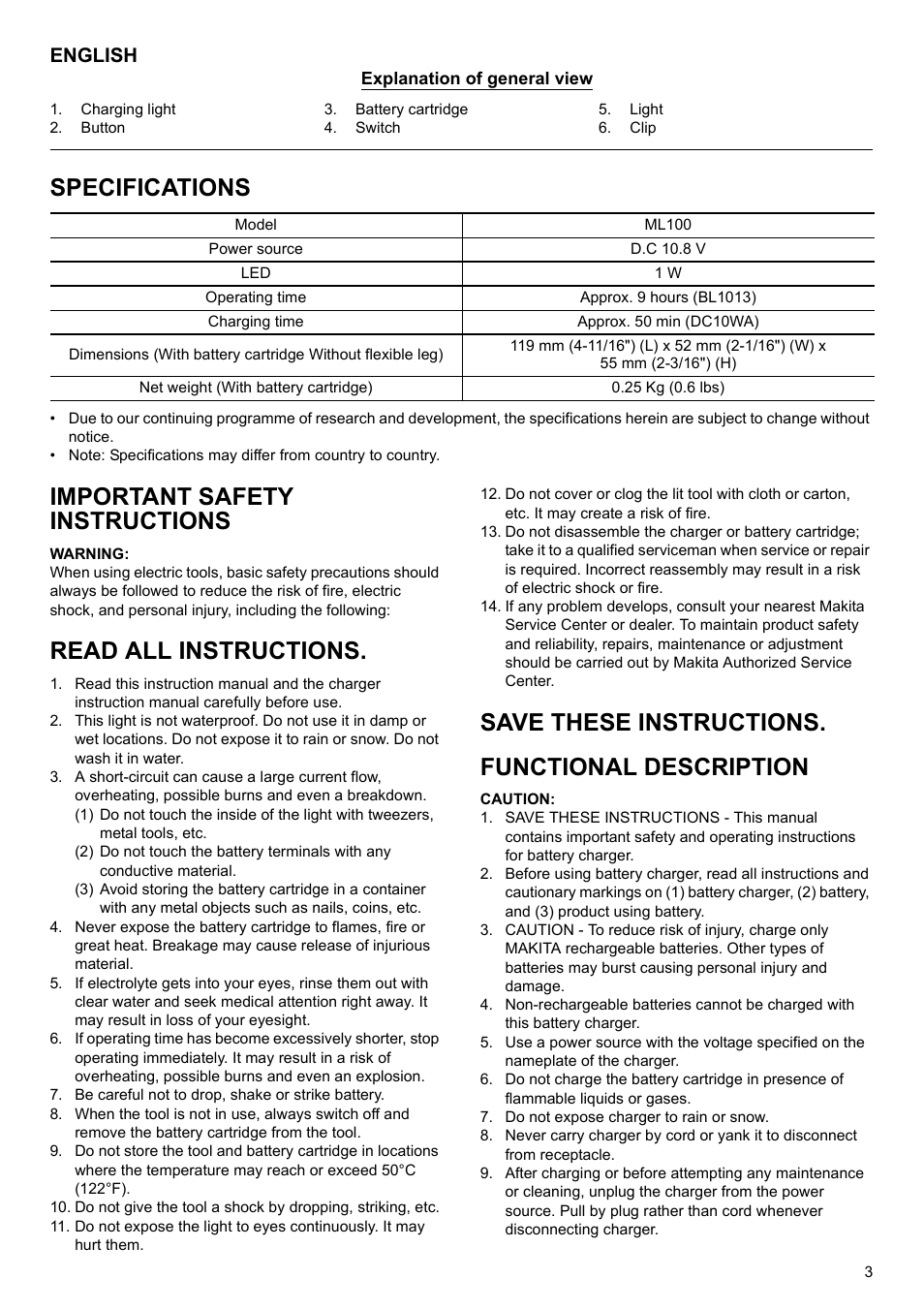 Specifications, Important safety instructions, Read all instructions | Save these instructions. functional description, English | Makita Rechargeable Flashlight ML100 User Manual | Page 3 / 12