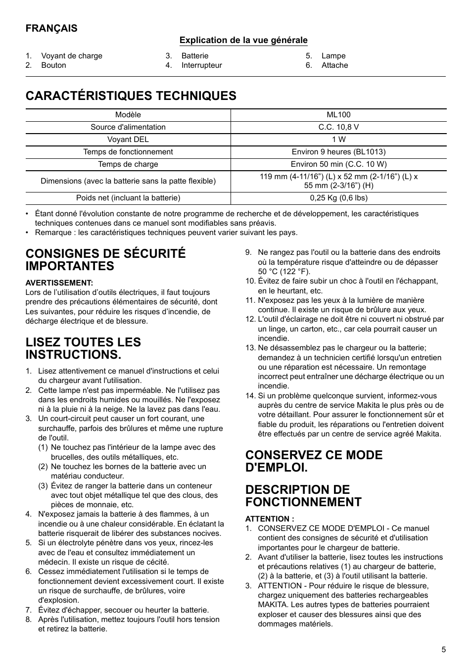 Caractéristiques techniques, Consignes de sécurité importantes, Lisez toutes les instructions | Français | Makita Rechargeable Flashlight ML100 User Manual | Page 5 / 12