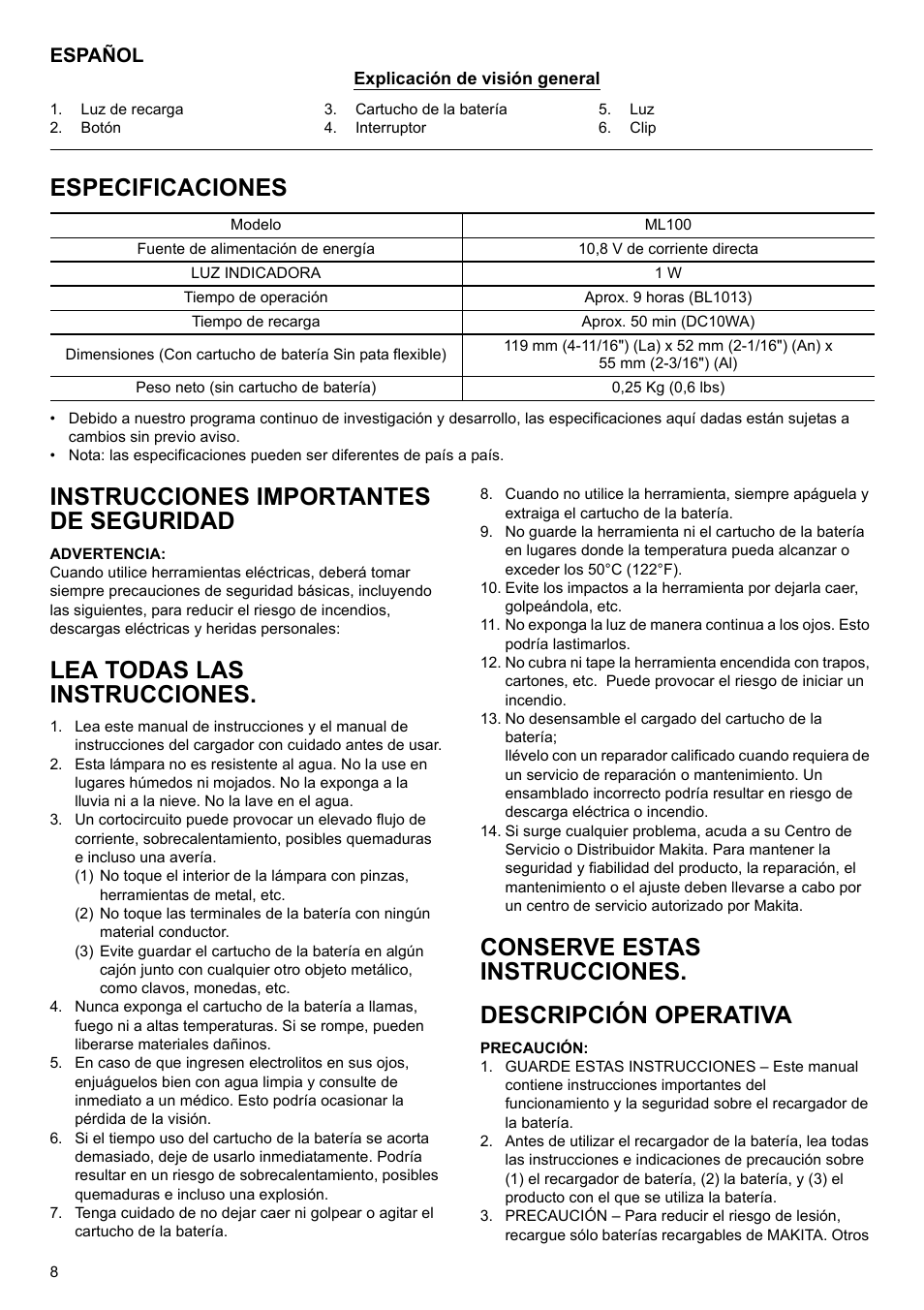 Especificaciones, Instrucciones importantes de seguridad, Lea todas las instrucciones | Español | Makita Rechargeable Flashlight ML100 User Manual | Page 8 / 12