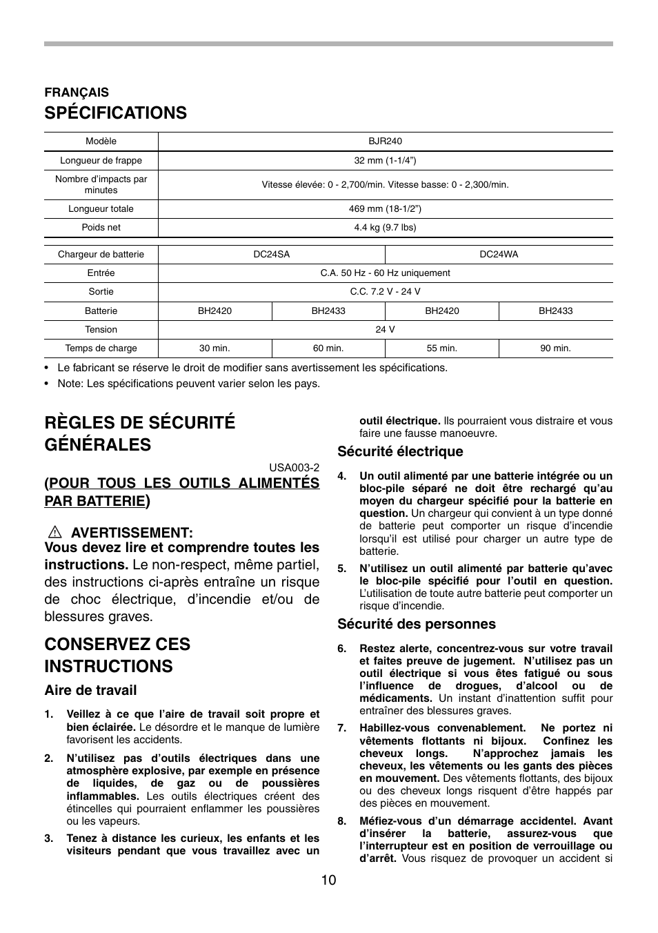 Spécifications, Règles de sécurité générales, Conservez ces instructions | Pour tous les outils alimentés par batterie, Aire de travail, Sécurité électrique, Sécurité des personnes | Makita BJR240 User Manual | Page 10 / 28