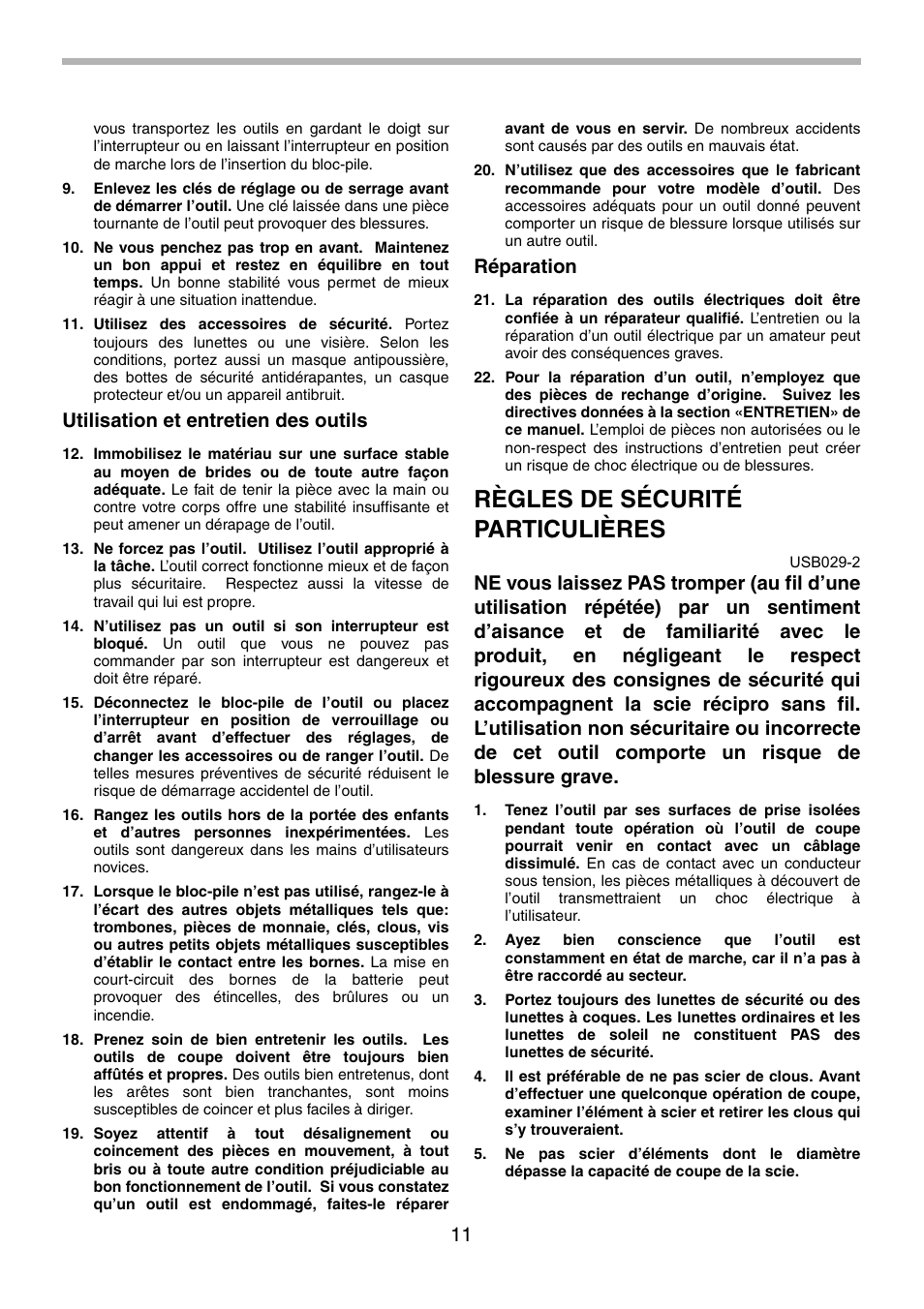 Règles de sécurité particulières, Utilisation et entretien des outils, Réparation | Makita BJR240 User Manual | Page 11 / 28