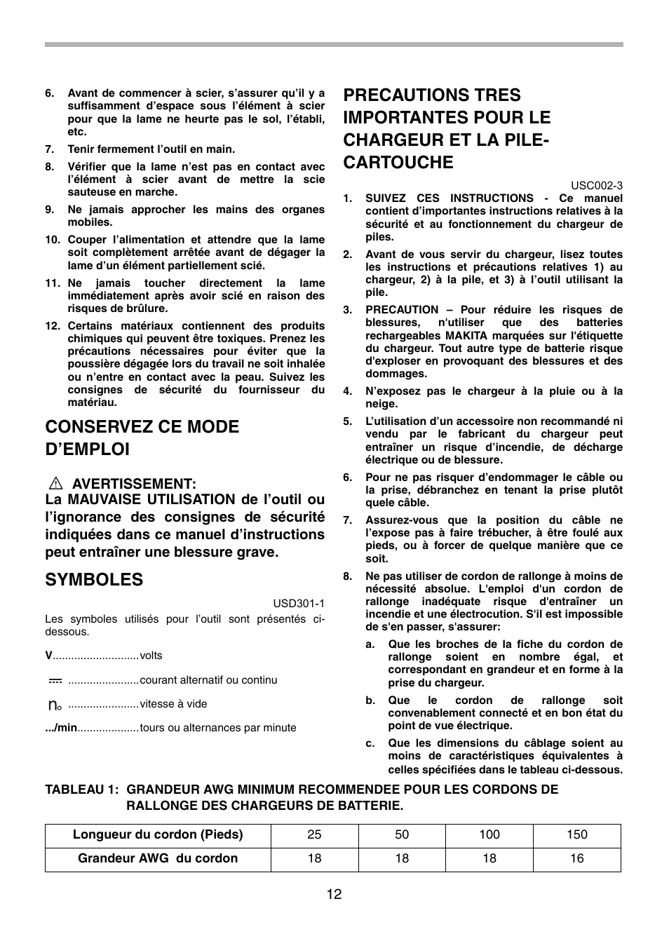 Conservez ce mode d’emploi, Symboles | Makita BJR240 User Manual | Page 12 / 28