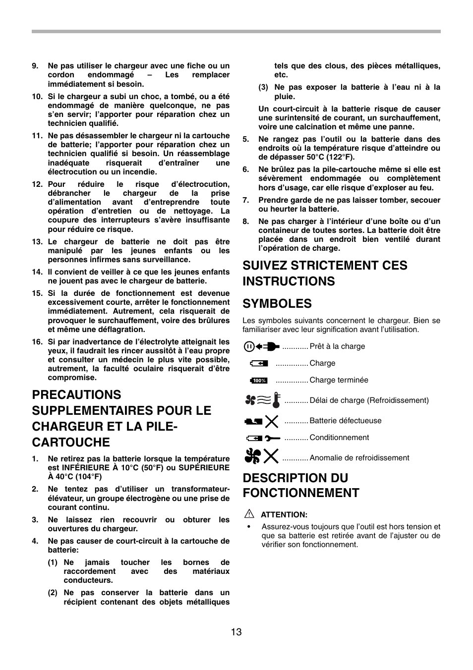 Suivez strictement ces instructions symboles, Description du fonctionnement | Makita BJR240 User Manual | Page 13 / 28