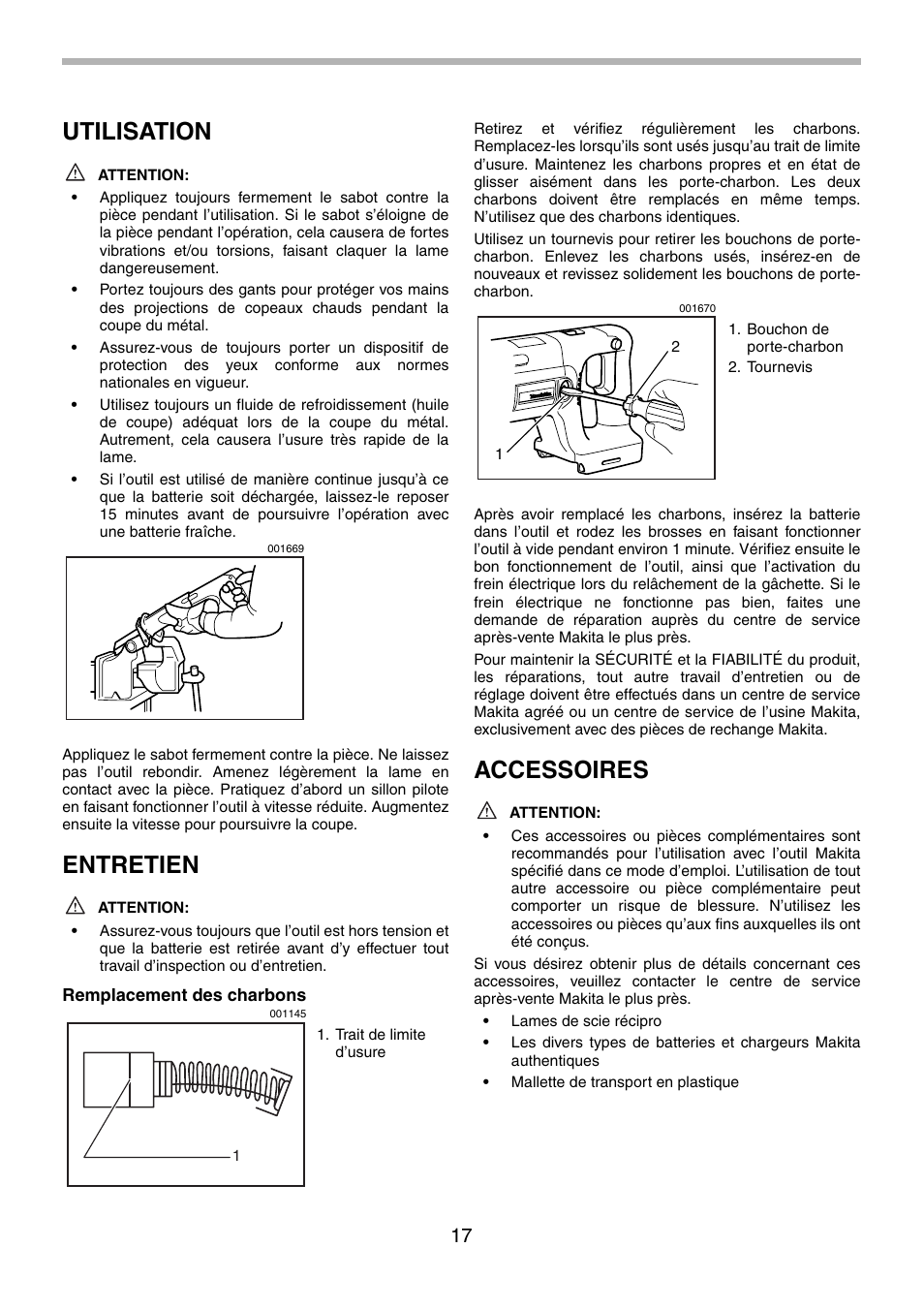 Utilisation, Entretien, Accessoires | Makita BJR240 User Manual | Page 17 / 28