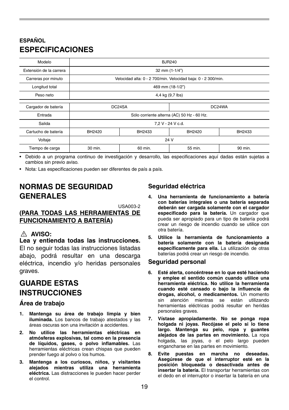 Especificaciones, Normas de seguridad generales, Guarde estas instrucciones | Área de trabajo, Seguridad eléctrica, Seguridad personal | Makita BJR240 User Manual | Page 19 / 28