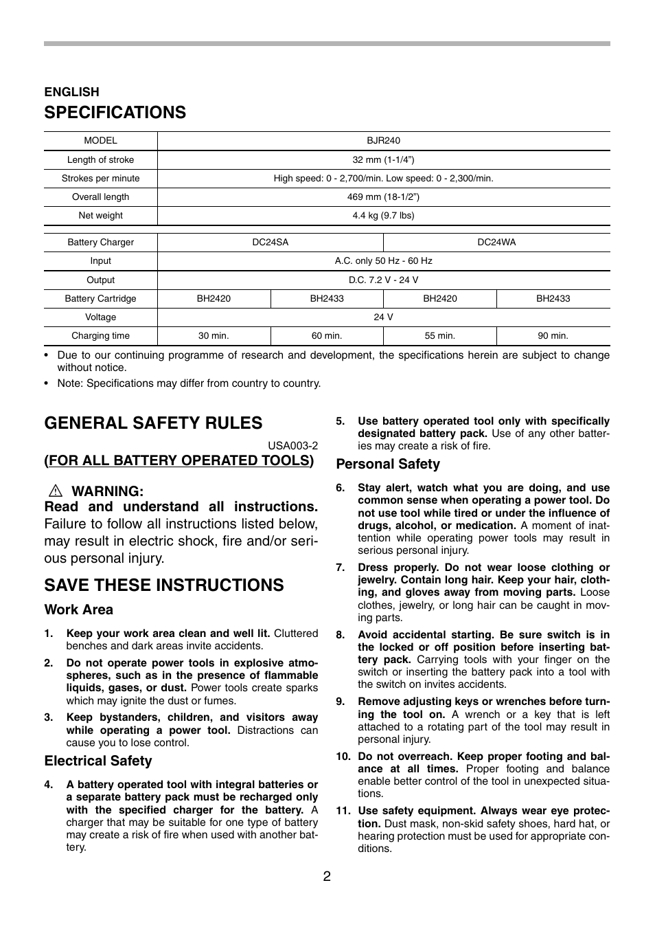 Specifications, General safety rules, Save these instructions | Work area, Electrical safety, Personal safety | Makita BJR240 User Manual | Page 2 / 28