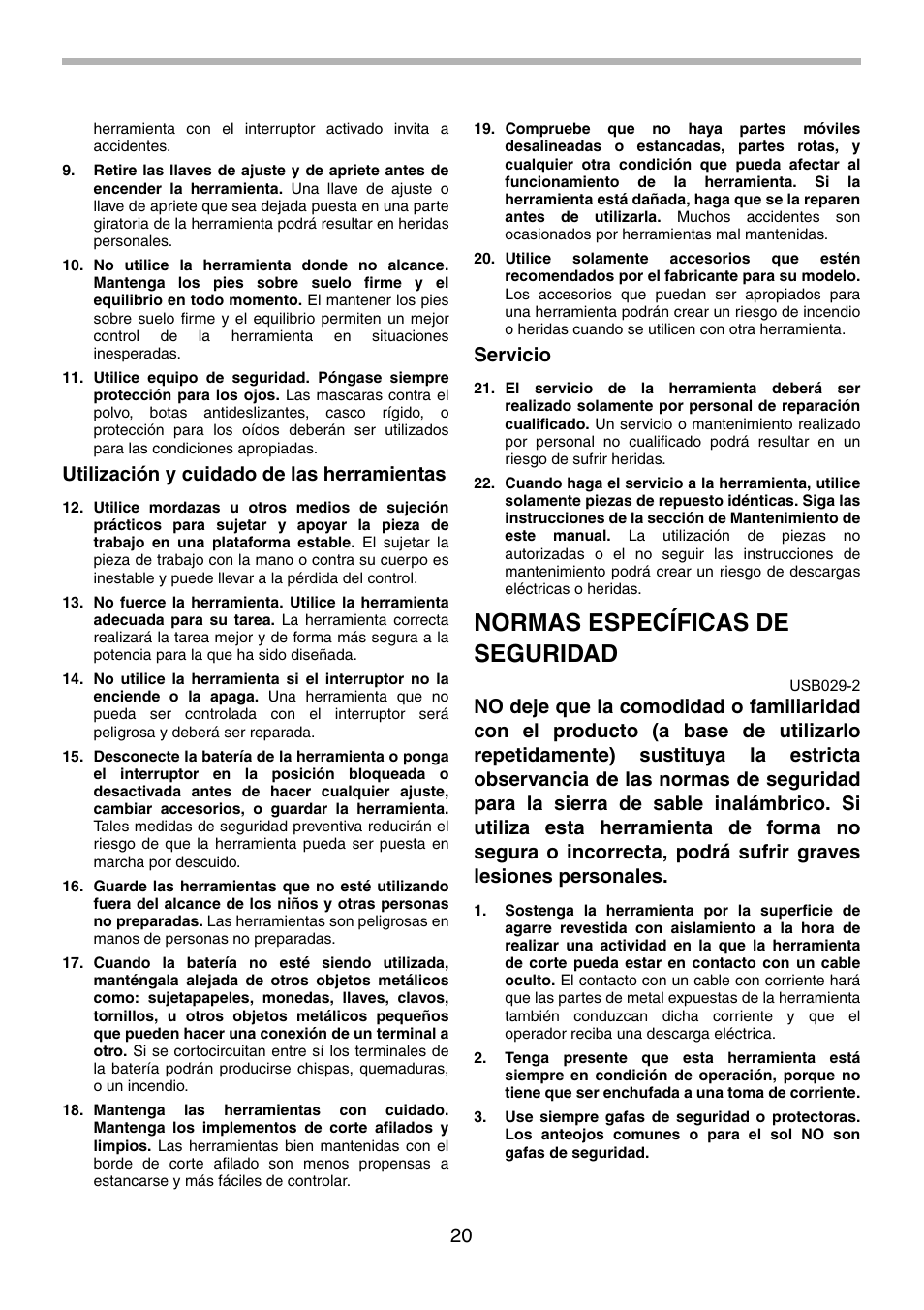 Normas específicas de seguridad, Utilización y cuidado de las herramientas, Servicio | Makita BJR240 User Manual | Page 20 / 28