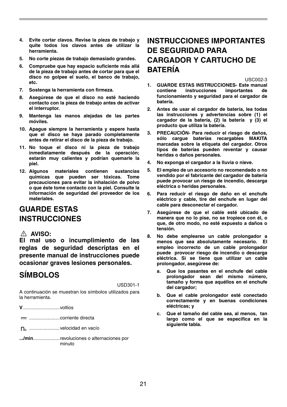 Guarde estas instrucciones, Símbolos | Makita BJR240 User Manual | Page 21 / 28