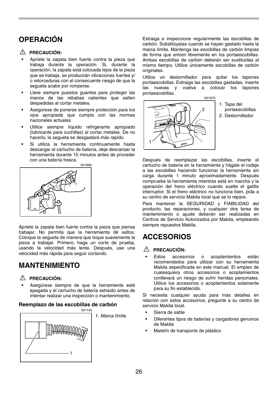 Operación, Mantenimiento, Accesorios | Makita BJR240 User Manual | Page 26 / 28