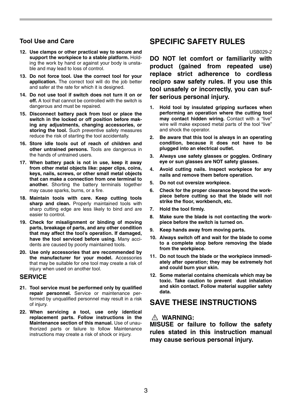 Specific safety rules, Save these instructions, 3tool use and care | Service | Makita BJR240 User Manual | Page 3 / 28