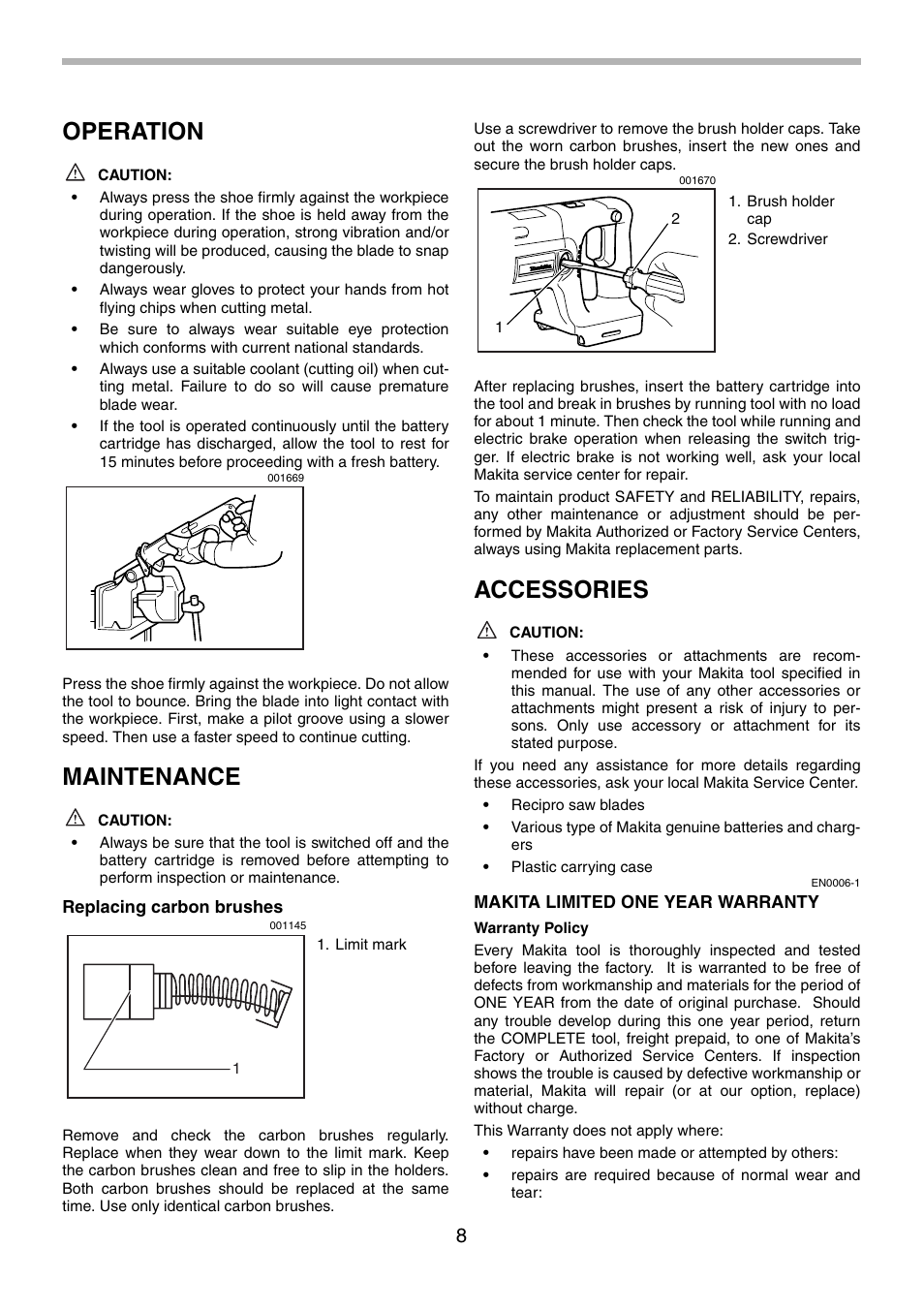 Operation, Maintenance, Accessories | Makita BJR240 User Manual | Page 8 / 28