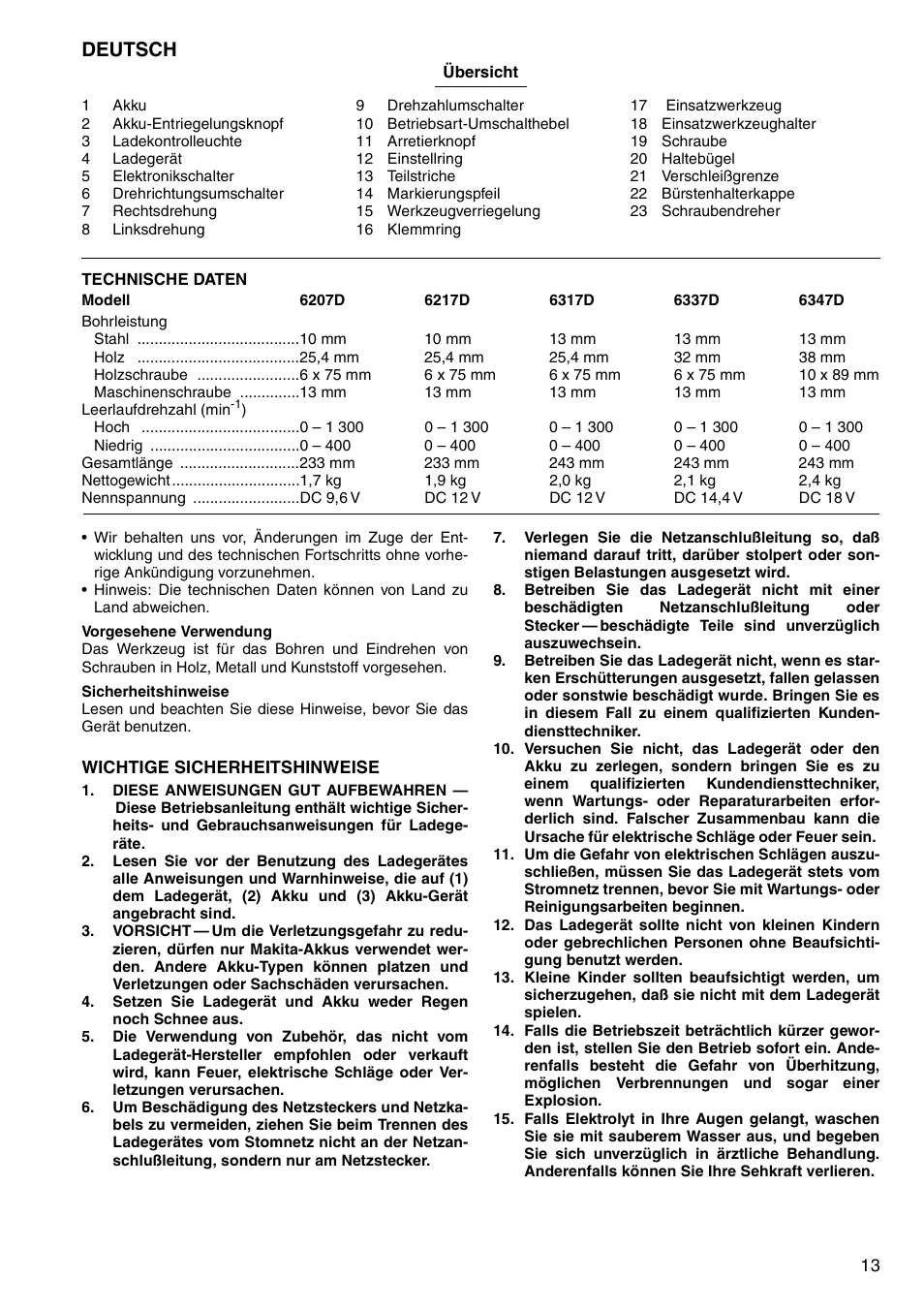 Deutsch | Makita 6347D User Manual | Page 13 / 68