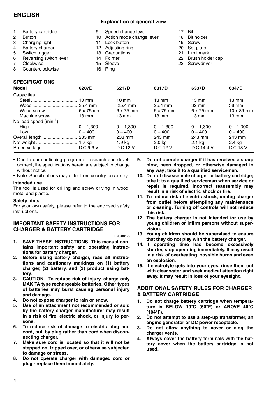 English | Makita 6347D User Manual | Page 4 / 68