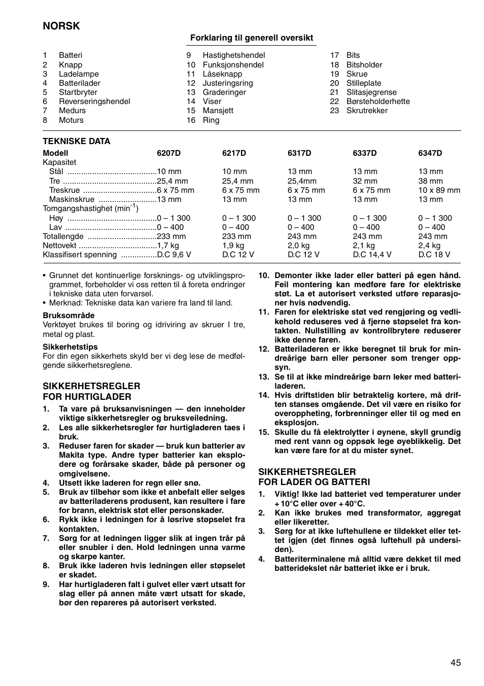 Norsk | Makita 6347D User Manual | Page 45 / 68