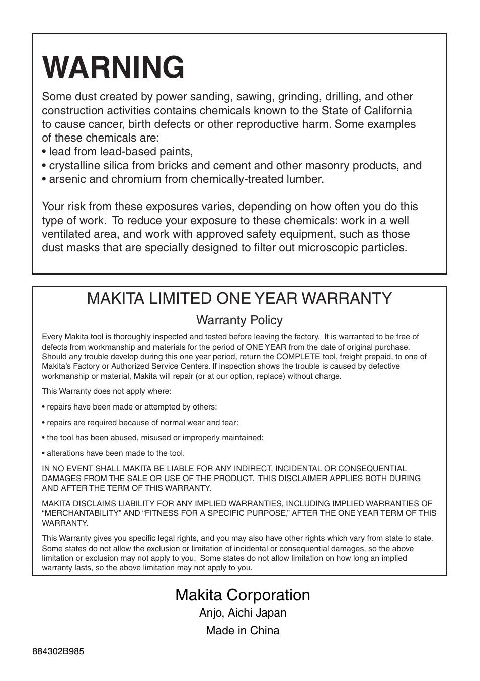 Warning, Makita limited one year warranty, Makita corporation | Makita JR3000VT User Manual | Page 12 / 12