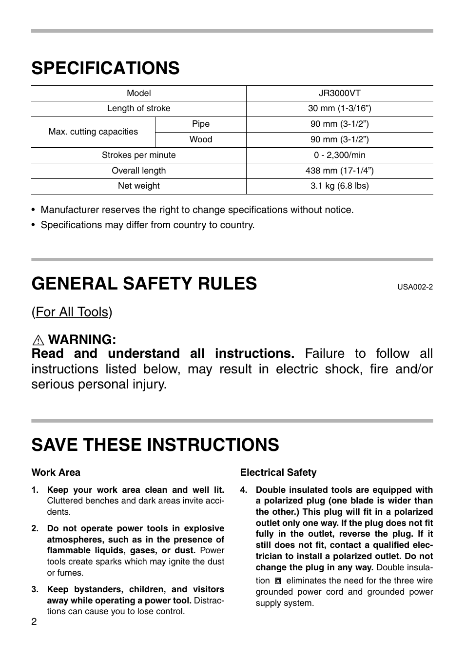 Specifications, General safety rules, Save these instructions | Makita JR3000VT User Manual | Page 2 / 12