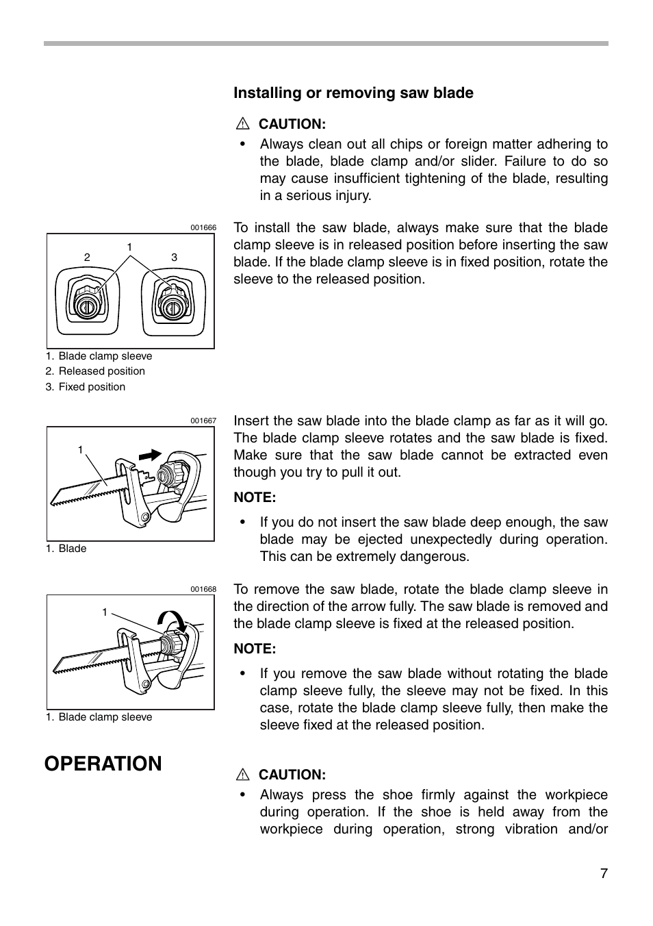 Operation, Installing or removing saw blade | Makita JR3000VT User Manual | Page 7 / 12