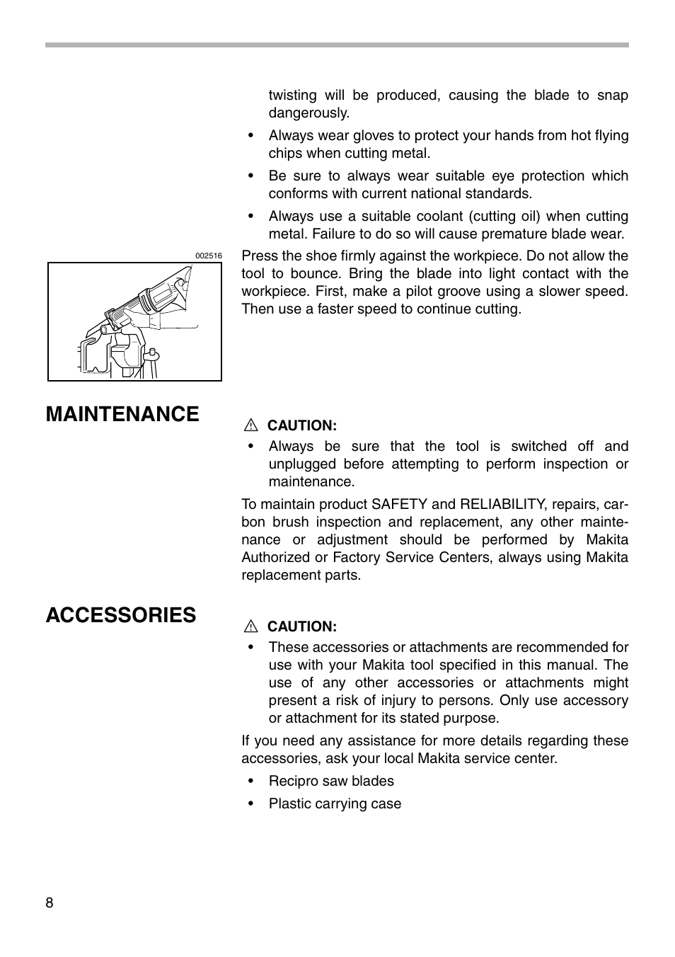 Maintenance, Accessories | Makita JR3000VT User Manual | Page 8 / 12