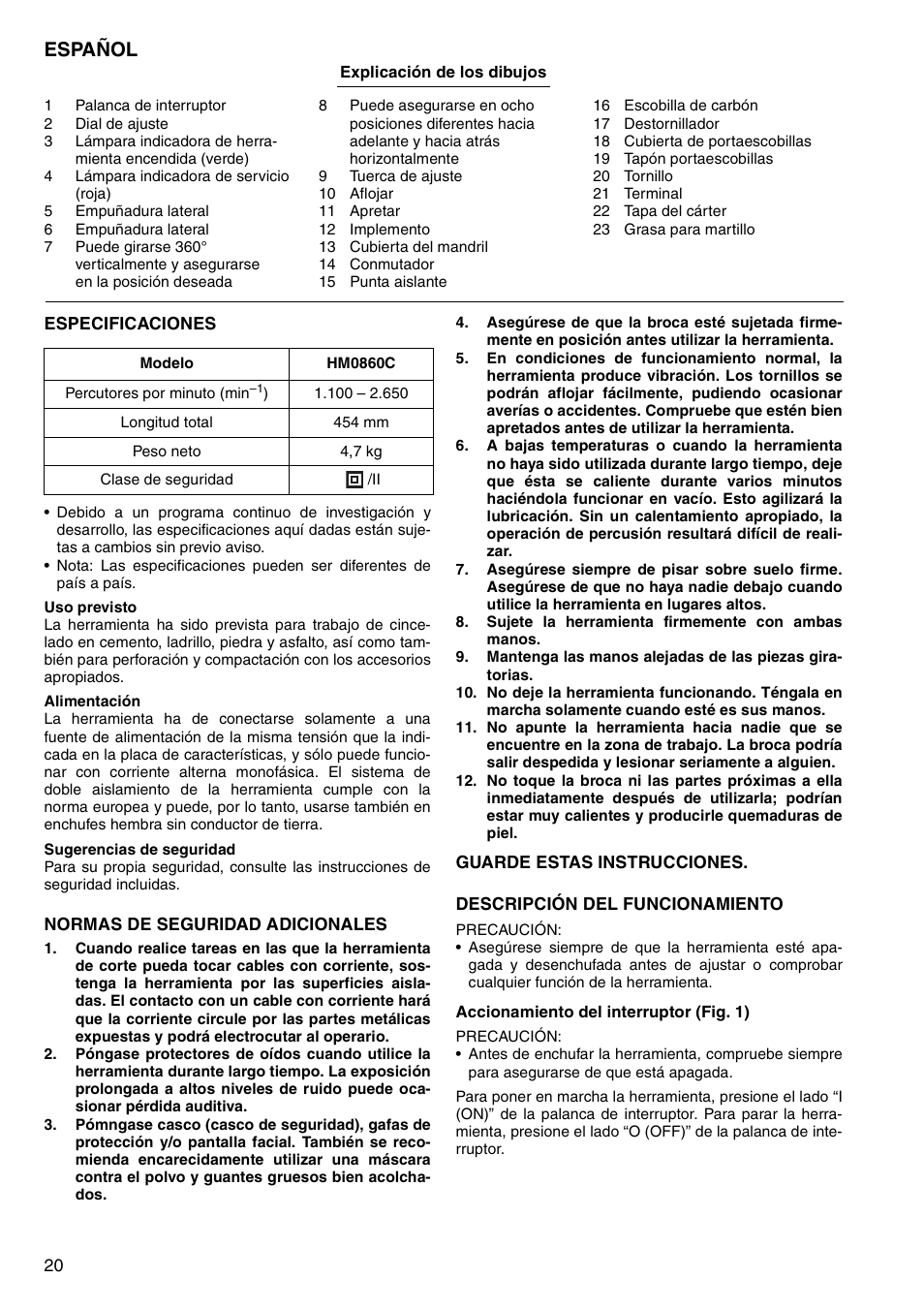 Español | Makita HM0860C User Manual | Page 20 / 44
