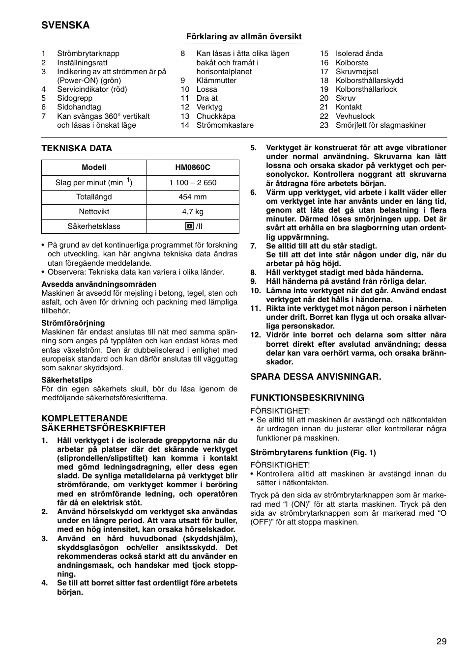 Svenska | Makita HM0860C User Manual | Page 29 / 44
