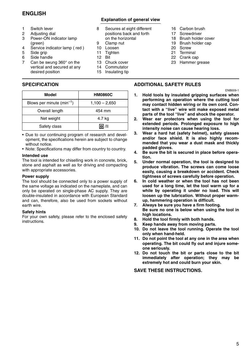 English | Makita HM0860C User Manual | Page 5 / 44
