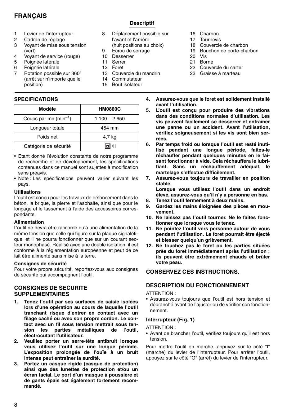 Français | Makita HM0860C User Manual | Page 8 / 44
