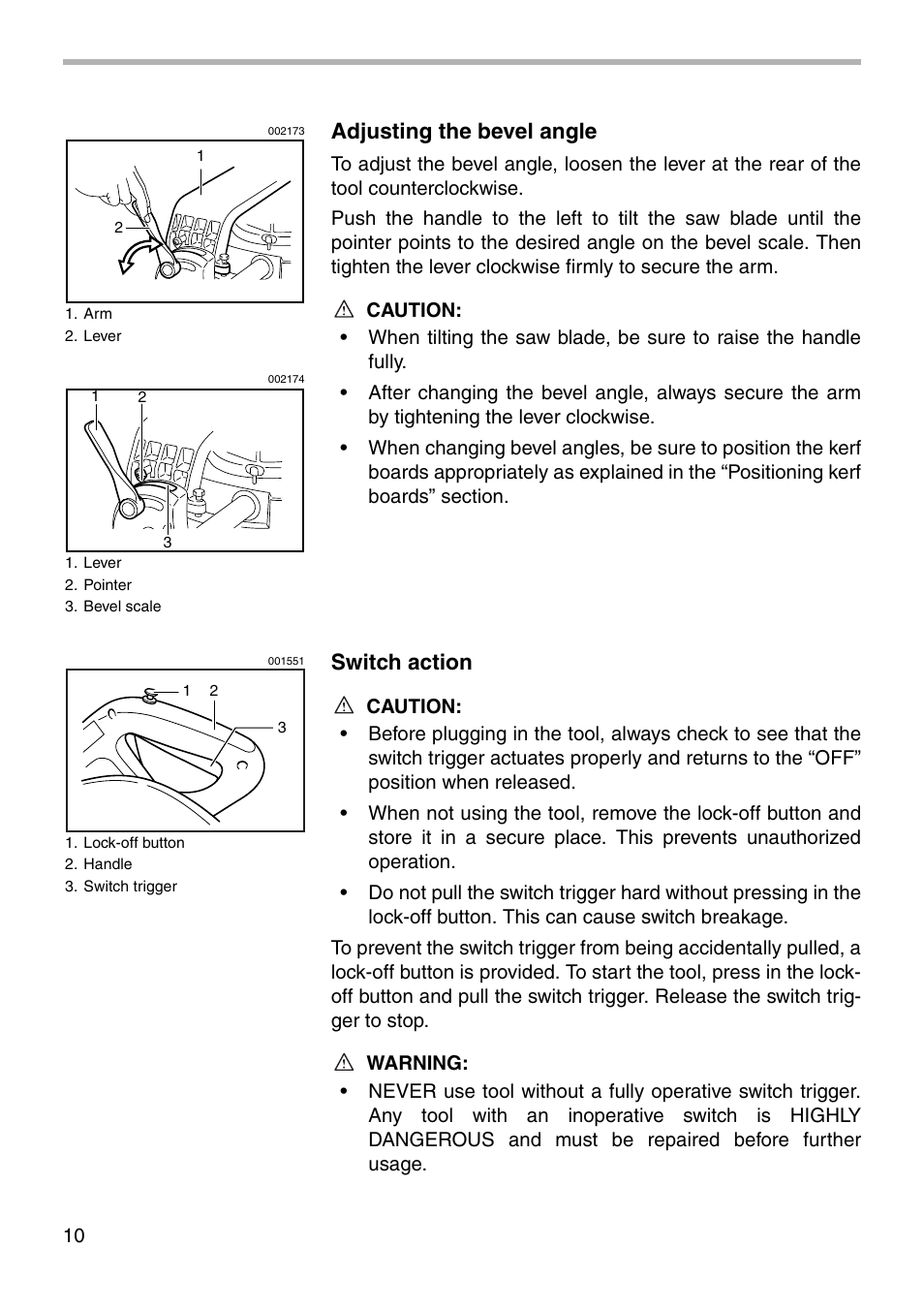 Adjusting the bevel angle, Switch action | Makita LS1011N User Manual | Page 10 / 32