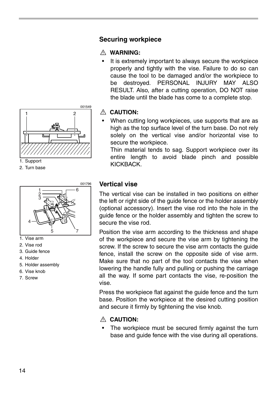 Securing workpiece, Vertical vise | Makita LS1011N User Manual | Page 14 / 32