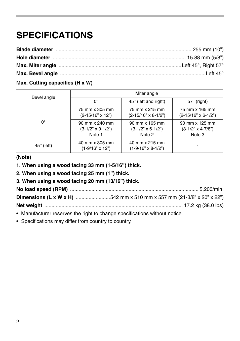 Specifications | Makita LS1011N User Manual | Page 2 / 32