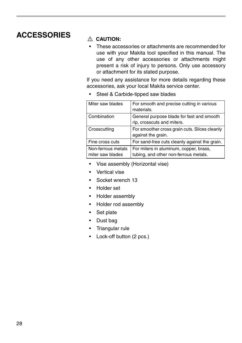 Accessories | Makita LS1011N User Manual | Page 28 / 32