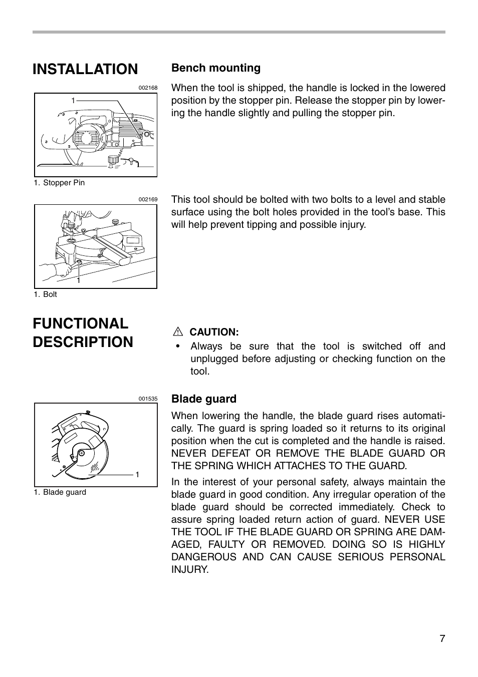 Installation, Functional description, Bench mounting | Blade guard | Makita LS1011N User Manual | Page 7 / 32