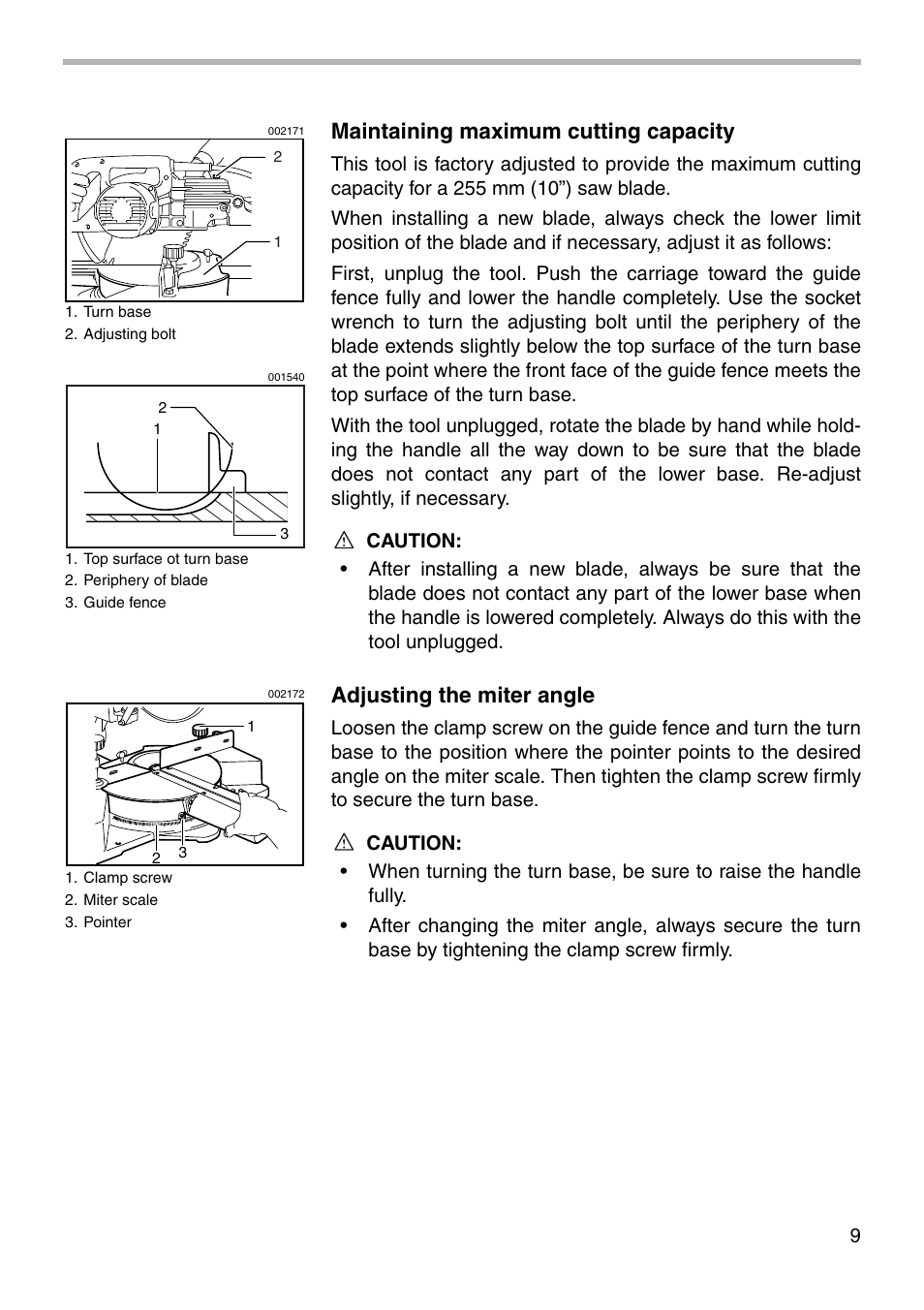 Maintaining maximum cutting capacity, Adjusting the miter angle | Makita LS1011N User Manual | Page 9 / 32