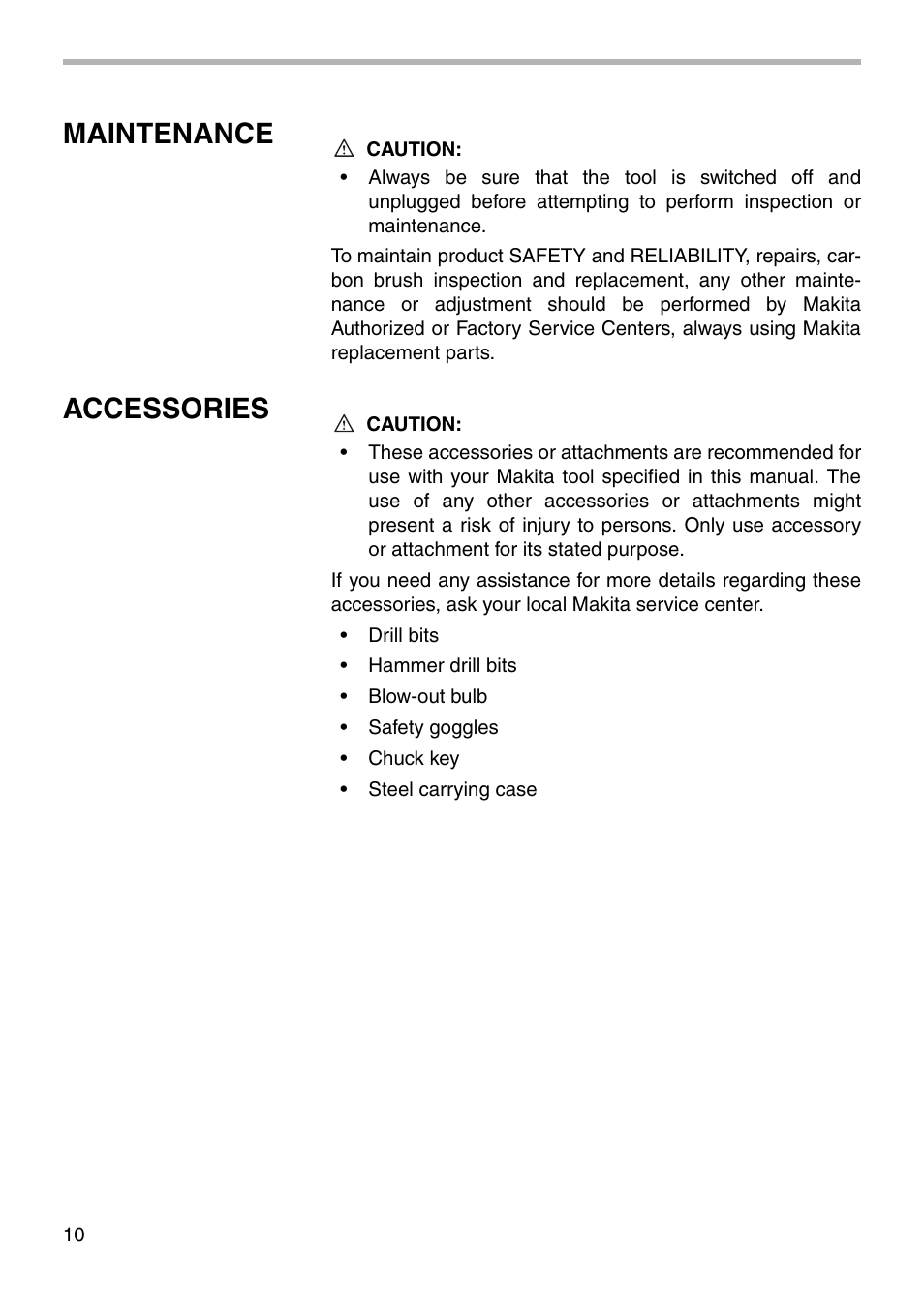 Maintenance, Accessories | Makita HP2010N User Manual | Page 10 / 16