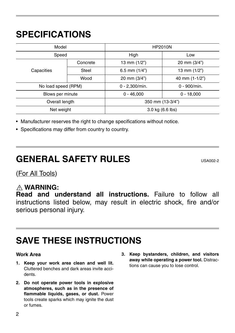 Specifications, General safety rules, Save these instructions | Makita HP2010N User Manual | Page 2 / 16