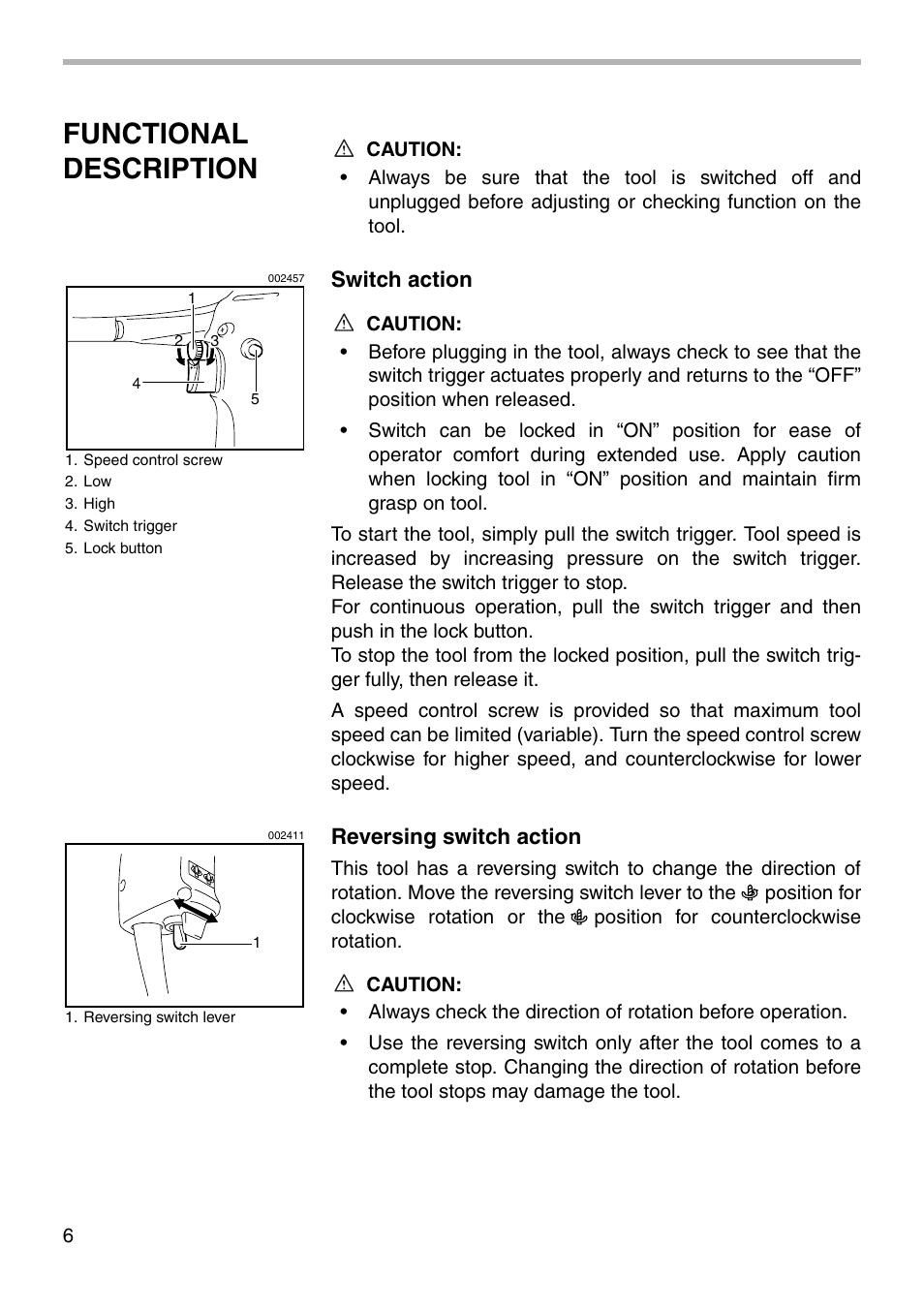 Functional description, Switch action, Reversing switch action | Makita HP2010N User Manual | Page 6 / 16