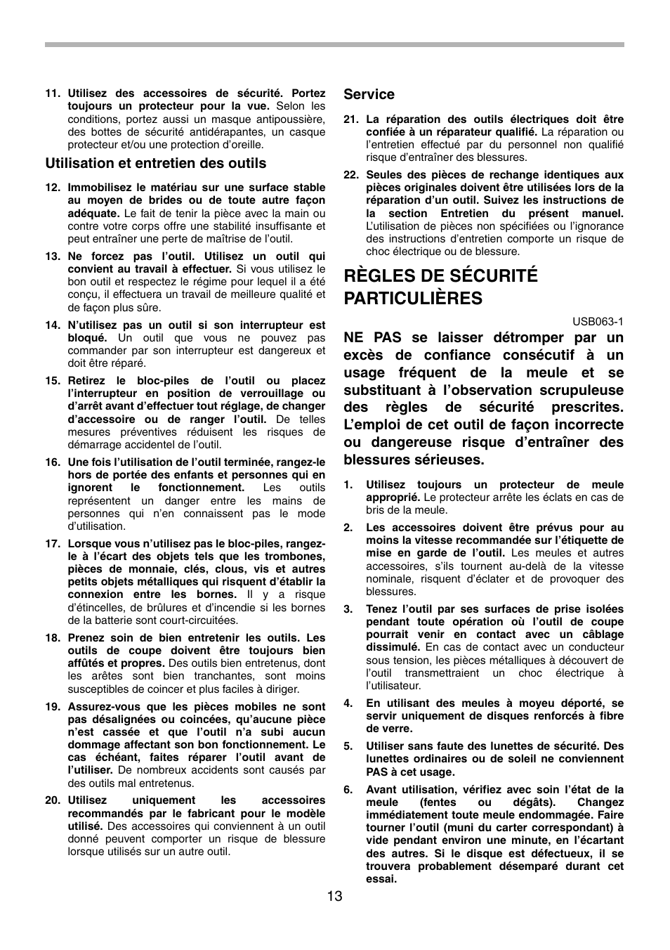 Règles de sécurité particulières, Utilisation et entretien des outils, Service | Makita BGA452 User Manual | Page 13 / 36