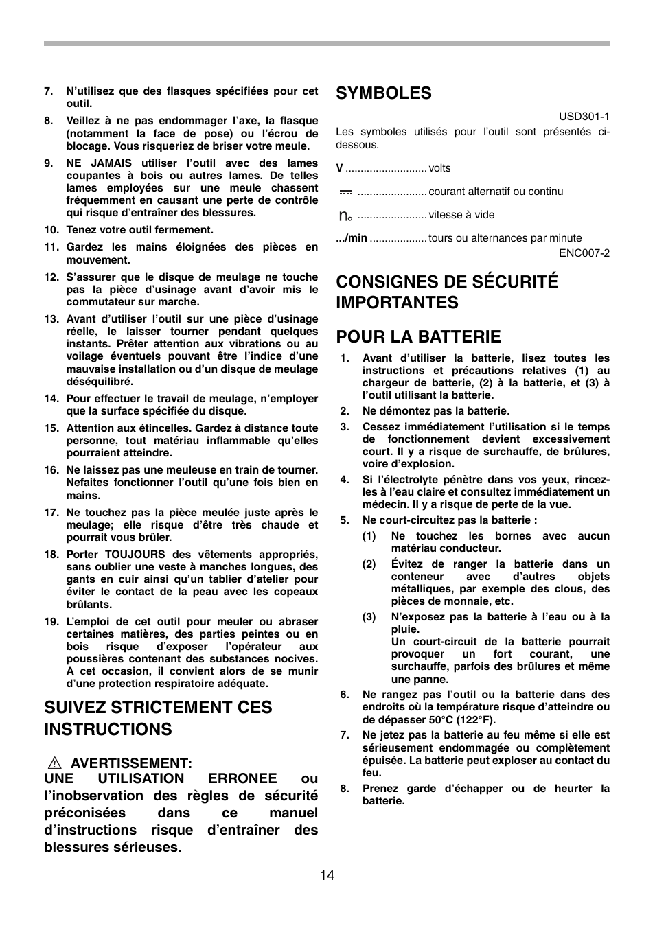 Suivez strictement ces instructions, Symboles, Consignes de sécurité importantes pour la batterie | Makita BGA452 User Manual | Page 14 / 36