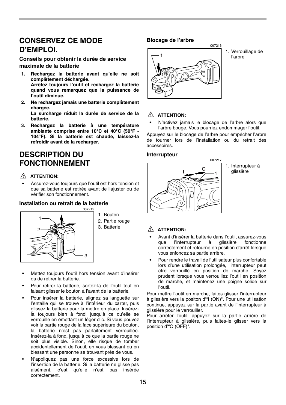 Conservez ce mode d’emploi, Description du fonctionnement | Makita BGA452 User Manual | Page 15 / 36
