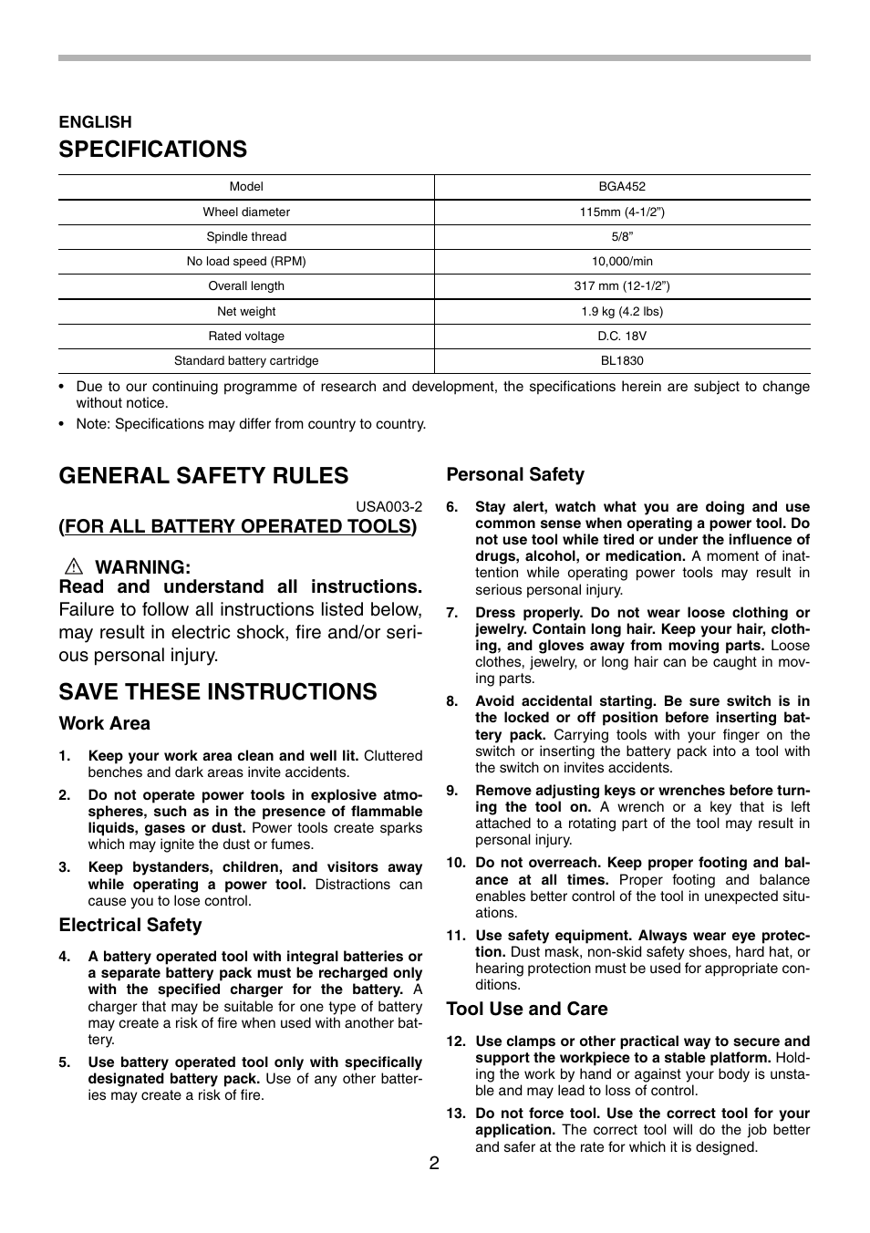 Specifications, General safety rules, Save these instructions | Work area, Electrical safety, Personal safety, Tool use and care | Makita BGA452 User Manual | Page 2 / 36