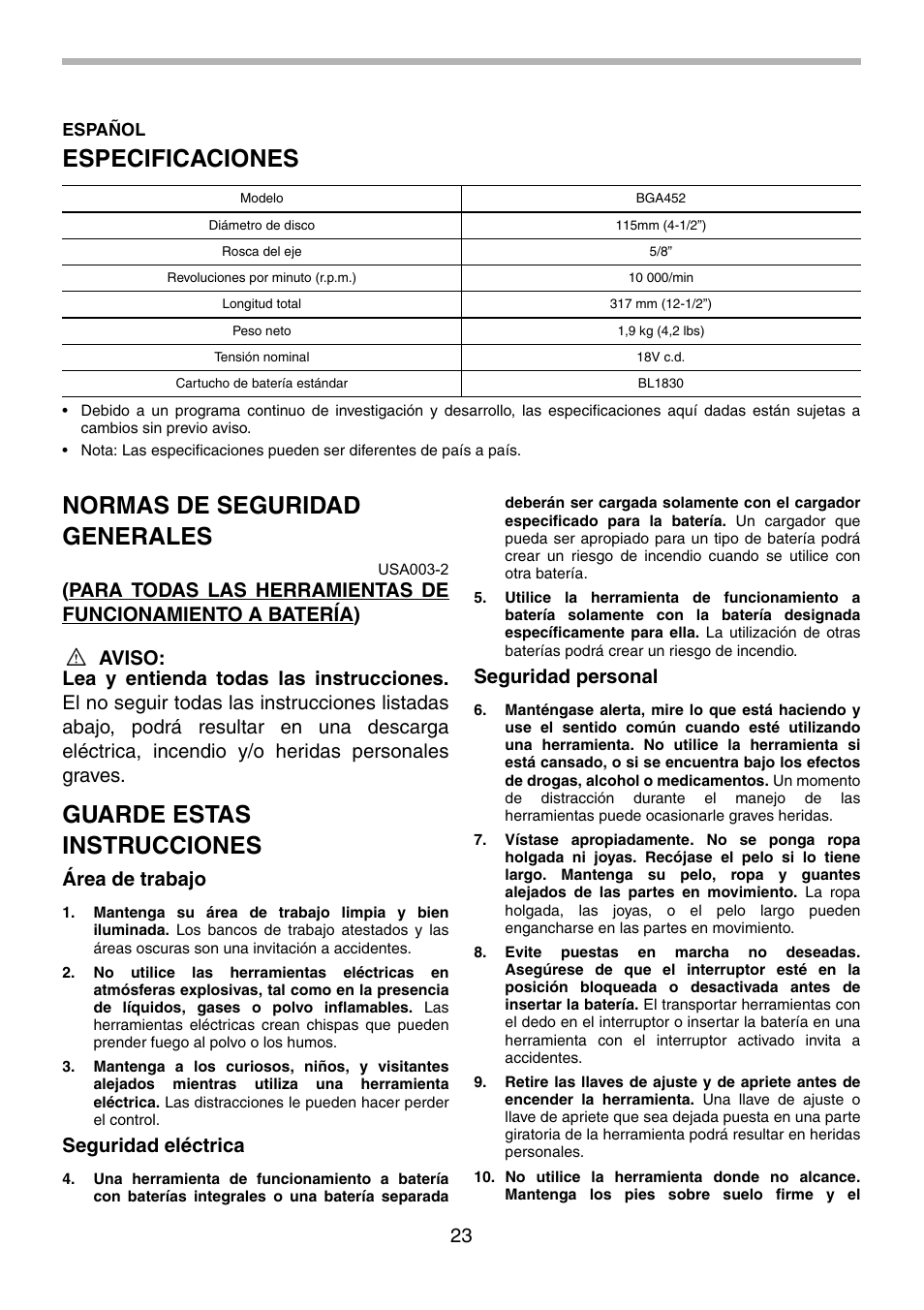 Especificaciones, Normas de seguridad generales, Guarde estas instrucciones | Área de trabajo, Seguridad eléctrica, Seguridad personal | Makita BGA452 User Manual | Page 23 / 36