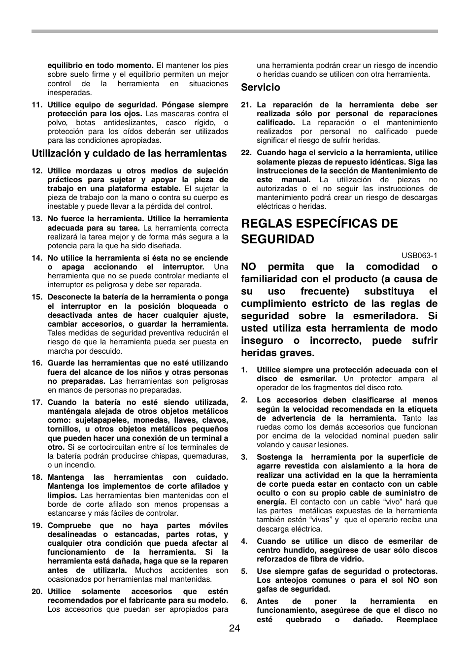 Reglas específicas de seguridad, Utilización y cuidado de las herramientas, Servicio | Makita BGA452 User Manual | Page 24 / 36