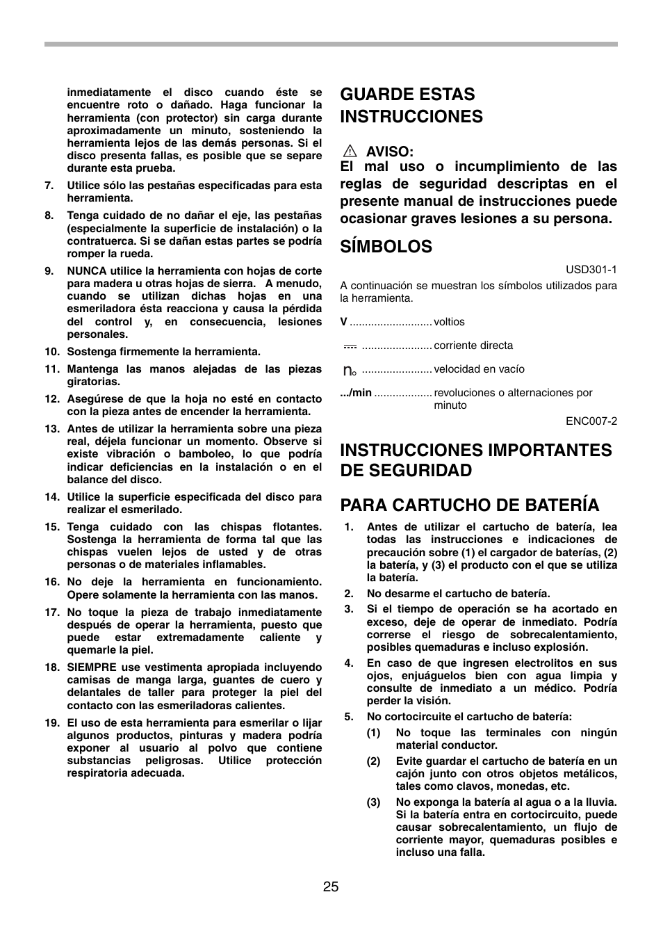 Guarde estas instrucciones, Símbolos | Makita BGA452 User Manual | Page 25 / 36