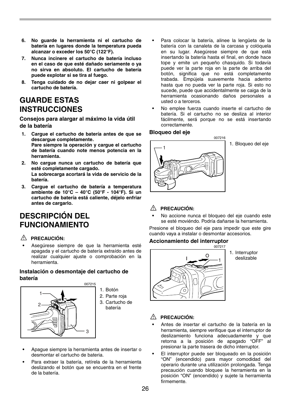 Guarde estas instrucciones, Descripción del funcionamiento | Makita BGA452 User Manual | Page 26 / 36