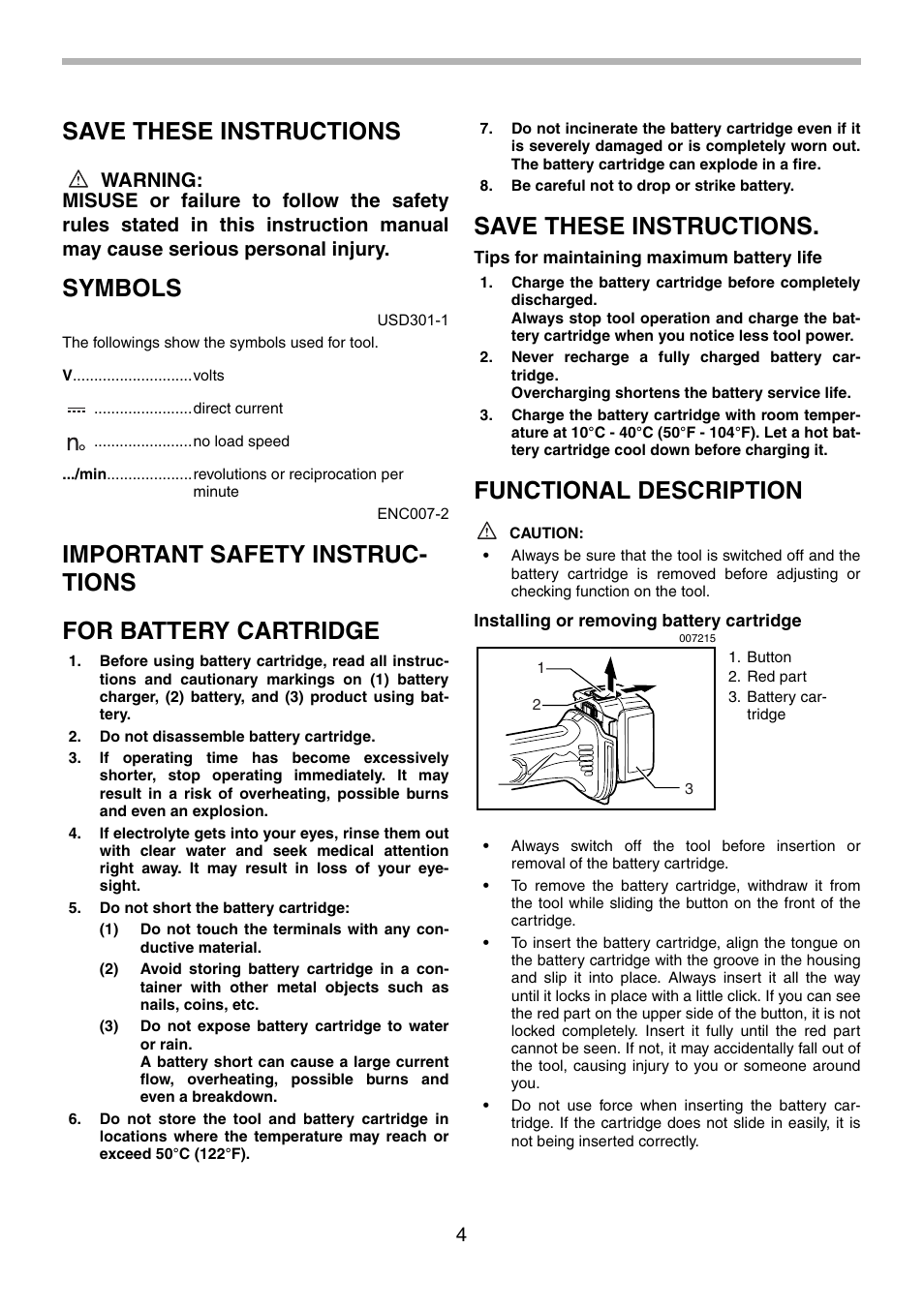 Save these instructions, Symbols, Functional description | Makita BGA452 User Manual | Page 4 / 36