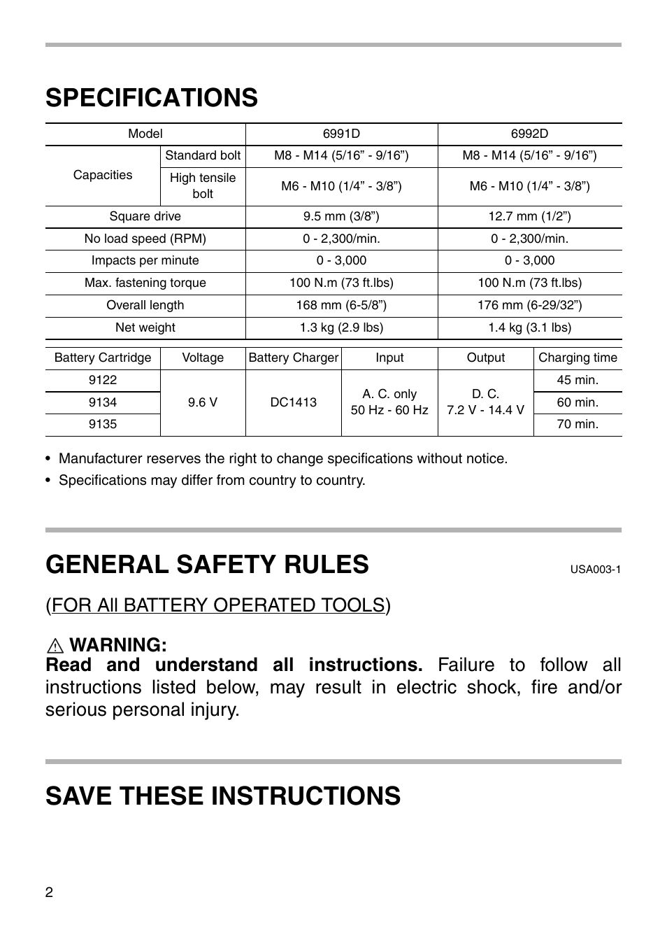 Specifications, General safety rules, Save these instructions | Makita 6991D User Manual | Page 2 / 16